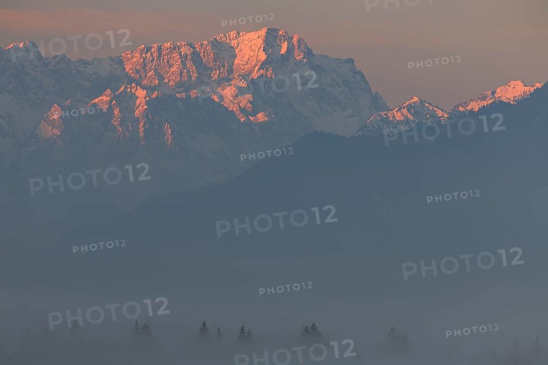 Mountain massif, morning light, fog, haze, spring, snowy, view from Murnau to Zugspitze, Wetterstein range, Bavaria, Germany, Europe
