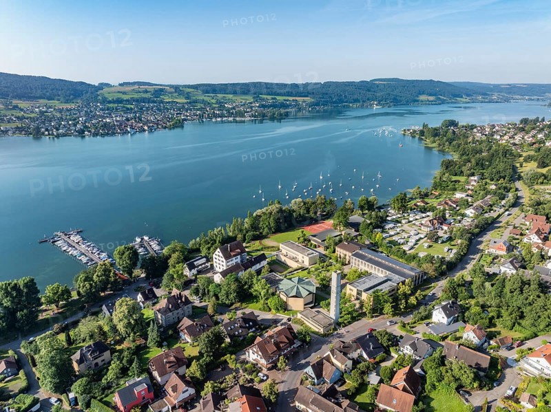 Aerial view of the municipality of Hemmenhofen on the Höri peninsula with the marina, jetty, Melanchthon Church and Gaienhofen Castle, today a school campus and grammar school, opposite the Swiss side of the lake with the municipality of Steckborn and the Thurgau lake ridge, Lake Constance, Constance district, Baden-Württemberg, Germany, Europe