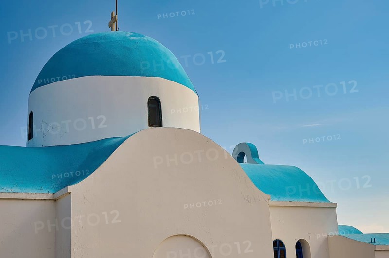 Side view of a white-blue church under a blue sky, Church of Profitis Ilias, above Nikia, Nikia, Nisyros, Dodecanese, Greek Islands, Greece, Europe