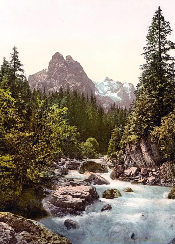 Rosenlaui, Brunnen und Wetterhorn, Bernese Oberland, Switzerland, Historic, digitally restored reproduction from a 19th century original, Record date not stated, well and Wetterhorn, Bernese Oberland, Switzerland, Historic, digitally restored reproduction from a 19th century original, Record date not stated, Europe