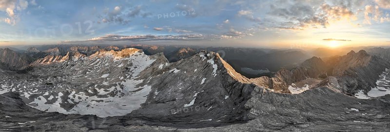 Sunrise, Alpine panorama, aerial view, Zugspitze and Zugspitzplatt with glacier, high mountains, Bavaria, Germany, Europe