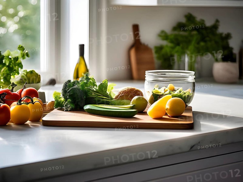 Minimalist kitchen with sleek, white cabinetry and a marble countertop, featuring a single wooden cutting board with freshly cut vegetables, AI generated