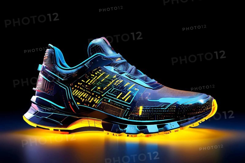 Sporting equipment, like a running shoe, breaking into pixels and data points, morphing into a network of neural nodes, AI generated