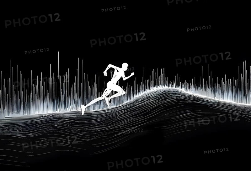 Wave of data points shaping into a runners silhouette, abstract illustration in black and white, conveying speed and precision guided by AI, AI generated
