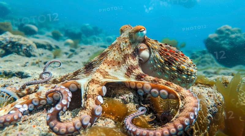Octopus underwater with spread tentacles., AI generated