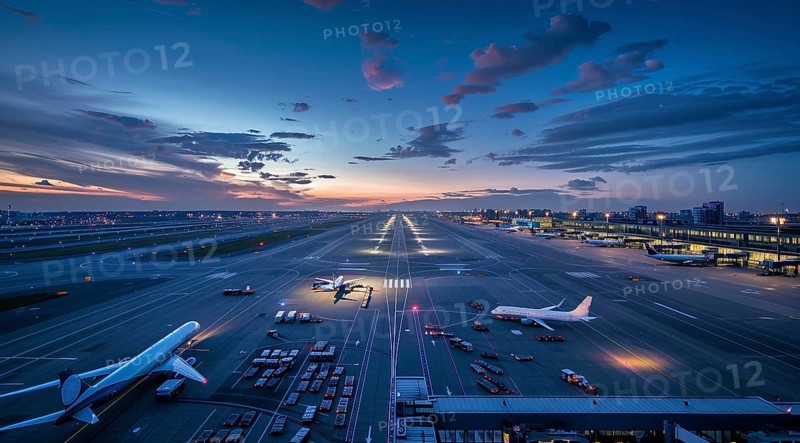 Aerial view international airport terminal, planes departing to multiple international locations., AI generated