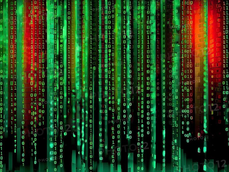 Binary code cascading down like digital rain, representing data insights, vibrant hues, AI generated