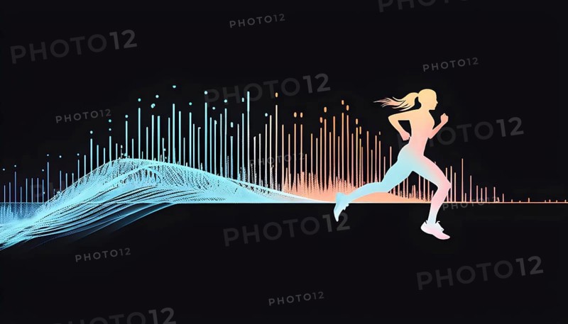 Illustration of a wave of data points shaping into a female runner silhouette, blue and orange pastel hues, conveying speed and precision guided by AI, AI generated