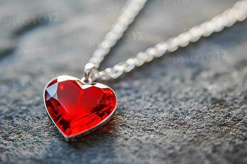 Close up of elegant red heart shaped gem stone pendant with silver necklace. Generative Ai, AI generated