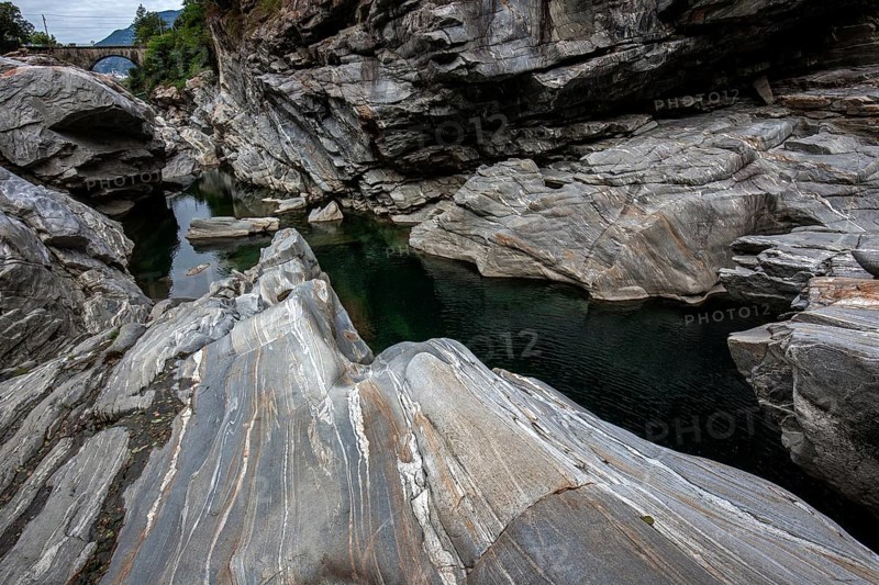 Rocks, granite rock formations in the Maggia River near Ponte Brolla, in the Maggia Valley, Valle Maggia, Canton Ticino, Switzerland, Europe