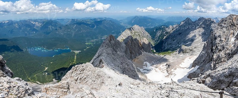Panorama, mountain landscape, view from the summit of the Zugspitze, view of Eibsee lake and mountain ridge with summit Waxenstein and Riffelspitze and into the Höllental, Wetterstein range, Wetterstein range, Bavaria, Germany, Europe