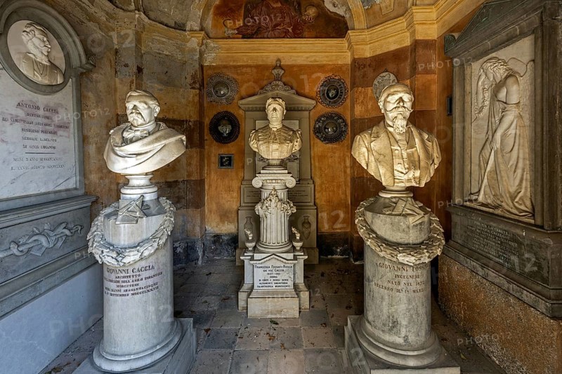 Busts of Giovanni Caccia, Francesca Fossati-Russca and Giovanni Fossati, near Monumental Cemetery, Morcote, Lake Lugano, Lago di Lugano, Canton Ticino, Switzerland, Europe