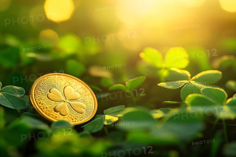 Shiny golden St. Parick's day coin with four leaved clover on clover plants with sun in background. Generative AI, AI generated