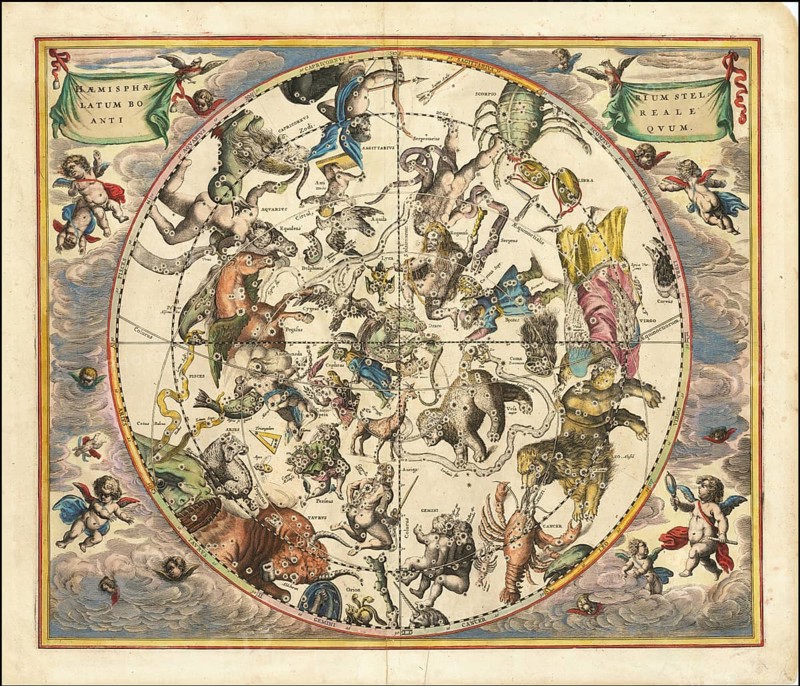 The constellations of the Northern Hemisphere superimposed over the earth's Southern Hemisphere, 1660, digital improved reproduction of a work of Andreas Cellarius (1596 - 1665), a Dutch-German cartographer and cosmographer best known for his Harmonia Macrocosmica of 1660, a major star atlas, The constellations of the Northern Hemisphere superimposed over the earth's Southern Hemisphere, digital improved reproduction of a work of Andreas Cellarius (1596 - 1665), a Dutch-German cartographer and cosmographer best known for his 1660 Harmonia Macrocosmica, a major star atlas