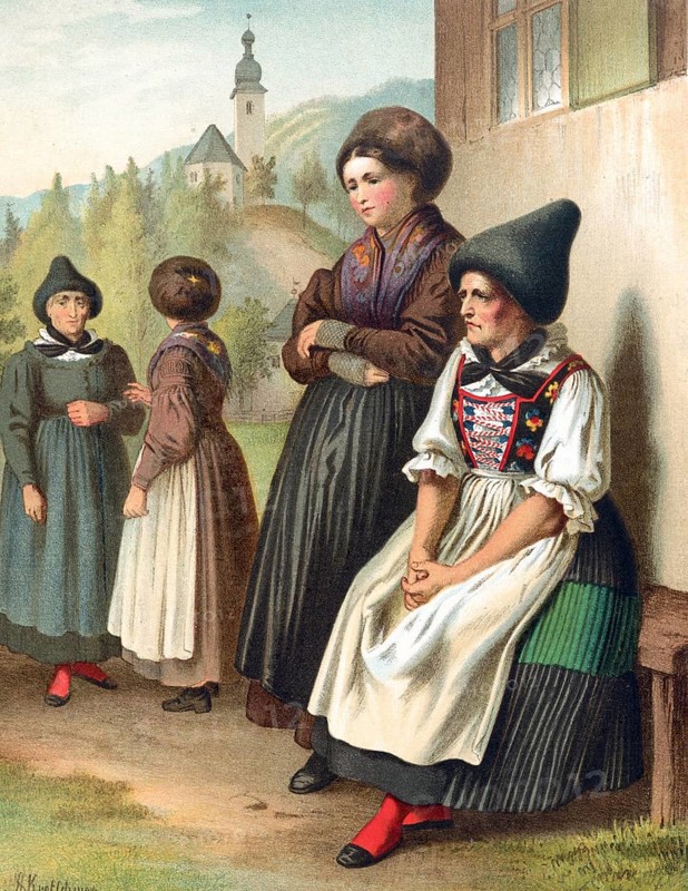 Traditional costumes in Germany around 1820, Tyrol, upper Inn valley, woman in traditional traditional costume in front of a church, in a traditional setting, digitally retouched reproduction of a model from around 1850, by Albert Kretschmer (27 February 1825, 11 July 1891), German painter and costumier