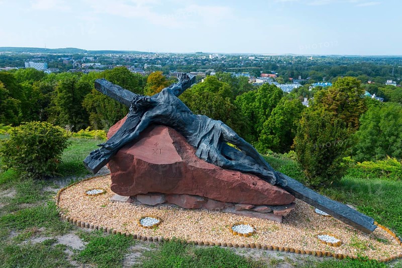 Sculptural depot of Christ on the cross on a rock with a panoramic view, Wysoka Górka, Wysoka Gorka, Chelmska Hill, Chelmska, Chelm, Chelm, Cholm, Lublin Voivodeship, Poland, Europe