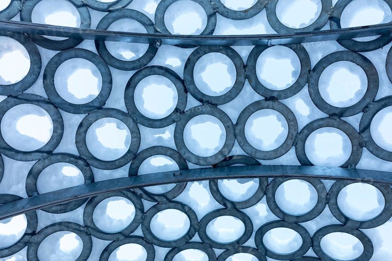 Surface of metal rings, partially covered with snow, detail of the art installation Wunderhorn by Erika Harbort on the former Deutschlandschacht in Oeslnitz in the Ore Mountains, Saxony, Germany, Europe