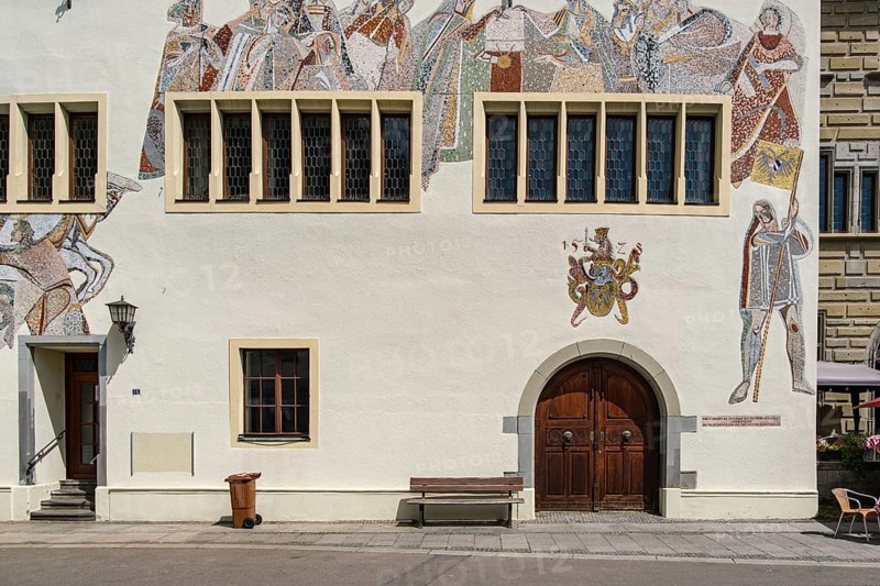 Facade of the Old Town Hall, dating back to the 14th century, with wall mosaic depicting the town's history, at the Hofstatt in the old town centre of Überlingen, Baden-Württemberg, Germany, Europe
