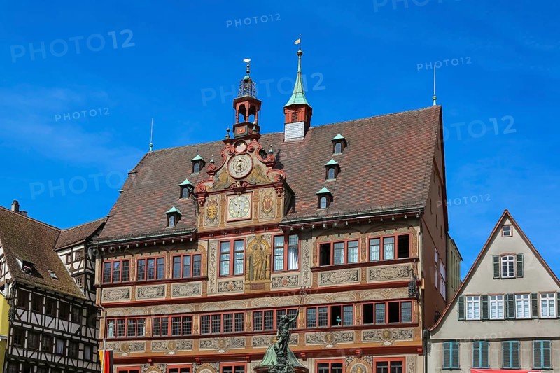 Tübingen town hall, friezes, sgraffito painting, paintings, facade painting, astronomical clock, historic old town, market square, houses, university town, Tübingen, Baden-Württemberg, Germany, Europe