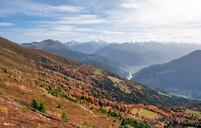 View of the mountain panorama and the Upper Inn Valley in the morning light, Krahberg on the Venet in autumn, Ötztal Alps, Tyrol, Austria, Europe