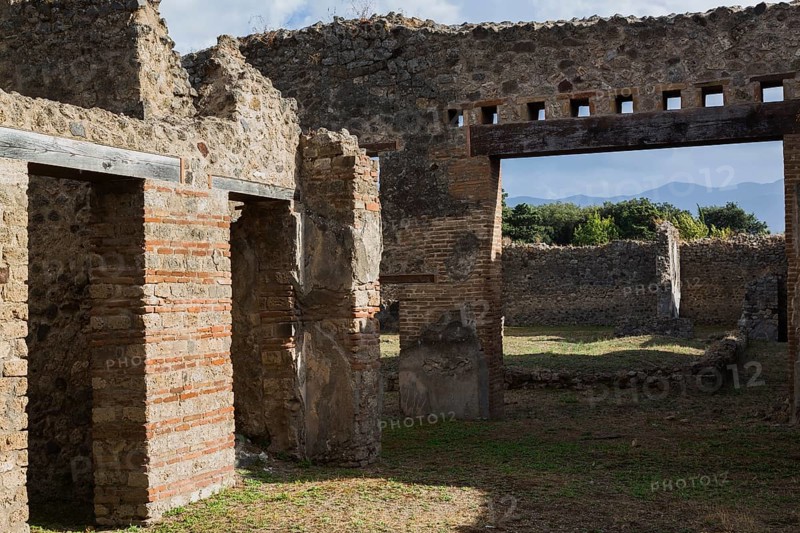 Doorways of residential buildings and large opening in remnants of old wall structures made of terracotta bricks and stones plus yard with brown soil and overgrown with weeds at the ancient ruins of Pompeii, Campania region, Italy, Europe