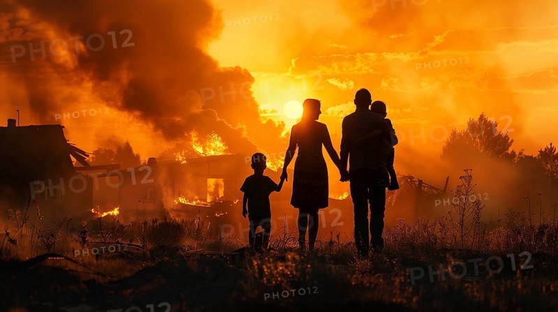 Young family standing stunned gazing at the fire ruins of their home. generative AI, AI generated