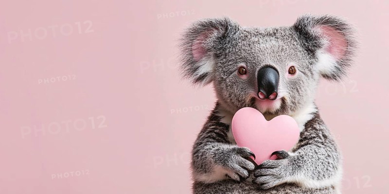 Cute Koala bear holding plush heart in front of pink background with copy space. Generative AI, AI generated