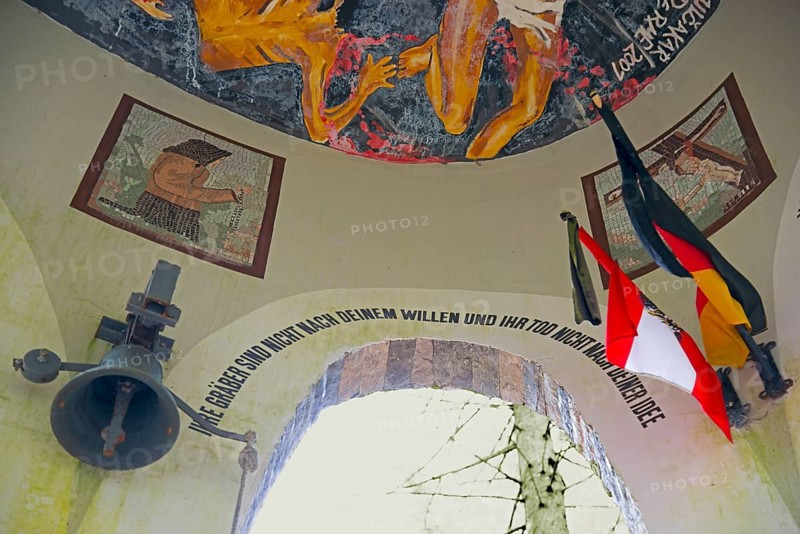 Artistic ceiling painting with flags and bell, accompanied by text, Jama pod Krenom, remembrance of the mass murders of the Second World War, forest near Kocevje, Kocevje, Gottschee, historical landscape of Lower Carniola, south-east Slovenia, Slovenia, Europe