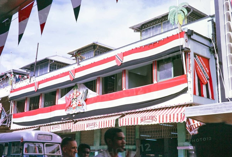 Independence Day, 31 August 1962, Port of Spain, Trinidad and Tobago, West Indies shop on Frederick Street decorated, Central America