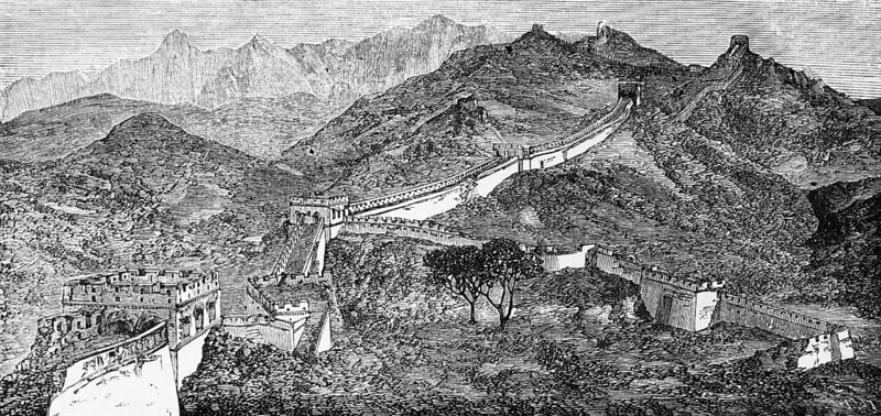 Great Wall of China, border defence system, built in the Ming Dynasty (1368-1644), some sections are UNESCO World Heritage Sites, watchtower, wall battlements, mountain landscape, travelling in Asia, China, historical illustration 1887, Asia