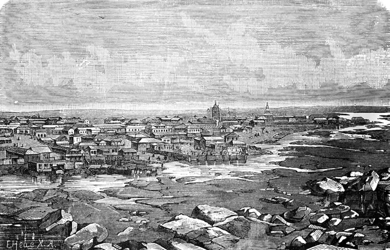 Cityscape of Yakutsk on the Lena River in Far East Russia, capital of the Republic of Sakha or Yakutia, Siberia, tundra, cold climate, houses on stilts, frozen ground, churches, travelling in Asia, historical illustration 1887