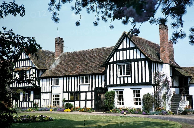 Historic timber-framed building with clay and brick infill, The Old Rectory, Clifford Chambers, Warwickshire, England, Uk 1982 Origins from around 1434