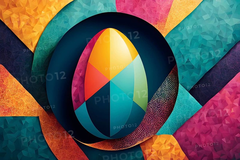 Abstract Easter egg design with geometric patterns, bold colors, and a mix of textures, creating a modern and dynamic look, AI generated