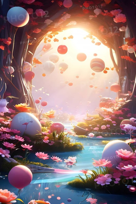 Surreal Easter scene with floating eggs, ribbons, and flowers in a dreamlike, whimsical composition of light and shadow, AI generated