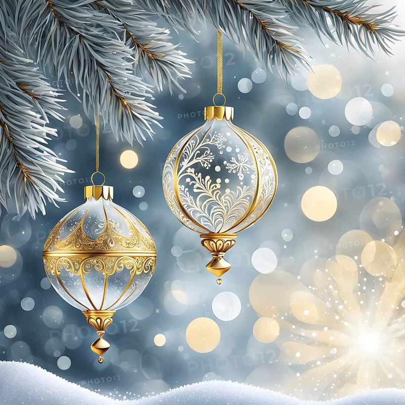 Abstract illustration of a set of ornate Christmas ornaments hanging on a snow-covered pine tree branch, AI generated