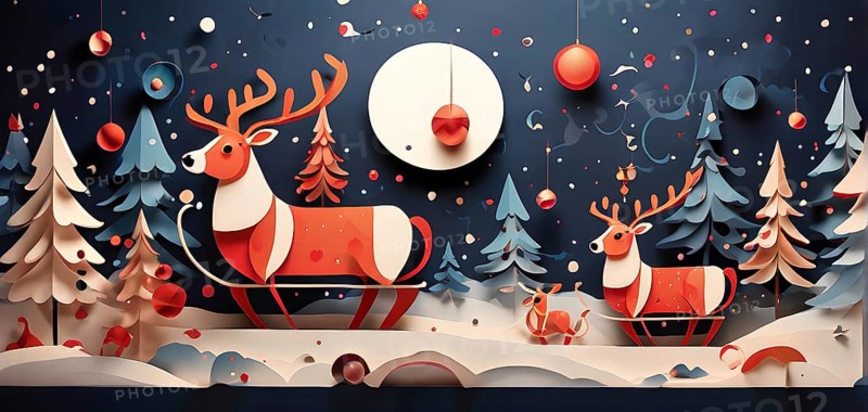 Whimsical abstract scene with stylized reindeer and sleighs to capture the magic of Christmas, AI generated