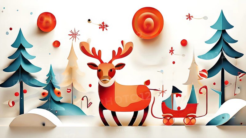 Whimsical abstract scene with stylized reindeer and sleighs to capture the magic of Christmas, AI generated