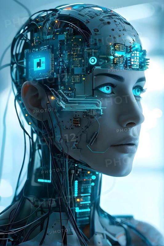 Illustration of a human brain merging with a woman's head intertwined with microchips and a processor, AI generated