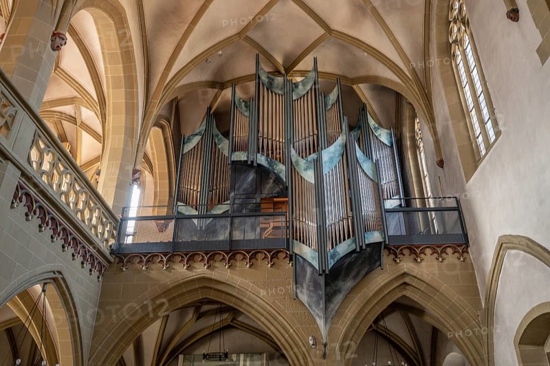 Organ on the west gallery was built in 1996 by the organ builder Vleugels, late Gothic St. Johannes Church, Obere Kirchgasse, Kitzingen, Lower Franconia, Bavaria, Germany, Europe