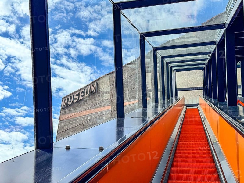Escalator to the Ruhr Museum in the former coal washing plant at the Zollverein Coal Mine Industrial Complex in Essen, North Rhine-Westphalia, Germany, Europe