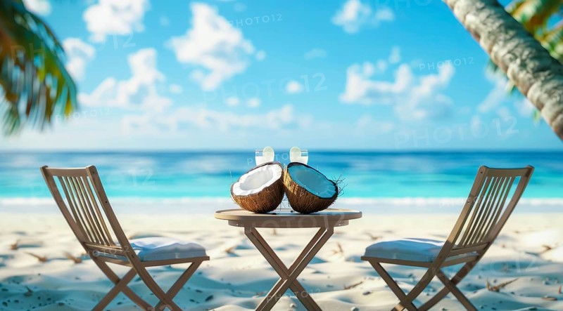 Beach scene with coconut, chairs and cocktail. Summer vacation and ocean in the background, AI generated