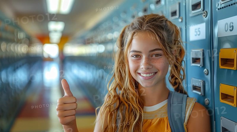 Cute caucasian school girl giving a thumbs up in the hallway of her school. generative AI, AI generated