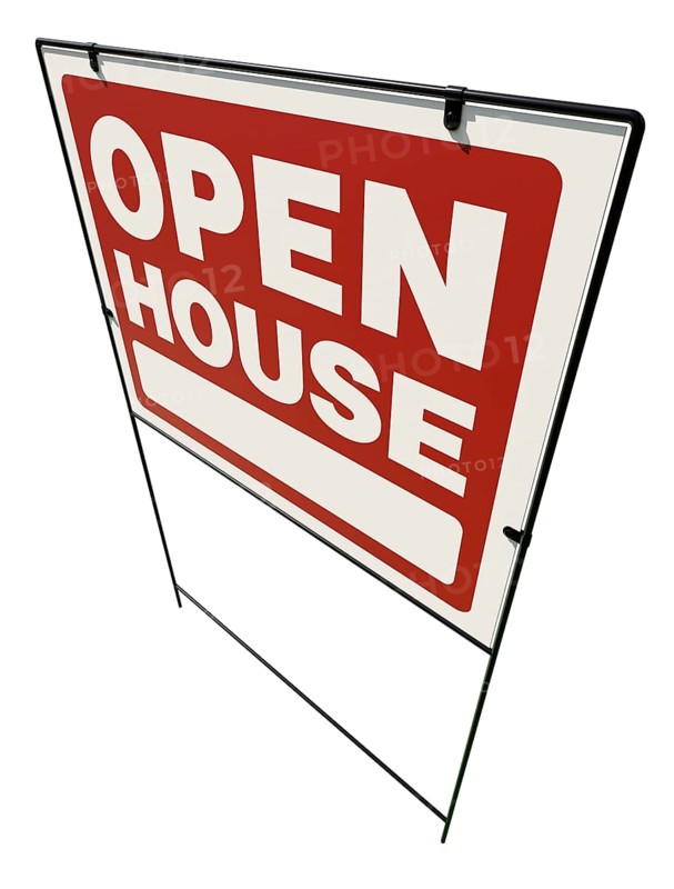 Left facing open house real estate yard sign isolated on a white background