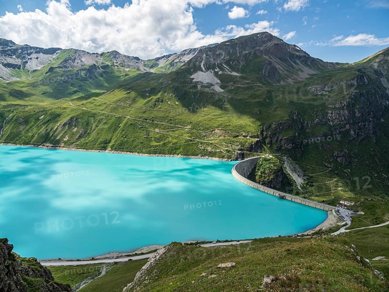 Dam of the Moiry lake, Lac de Moiry, turquoise glacial water, parking lot and restaurant at the dam, Valais, Switzerland, Europe