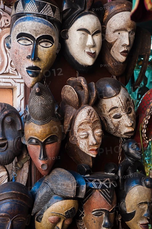 Traditional masks in the medina, faces, handicrafts, oriental, folklore, shop, market, bazaar, flea market, souk, trade, display, symbol, tradition, shopping, souvenir, Marrakech, Morocco, Africa