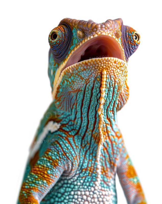 Beautiful expressive chameleon singing of talking isolated on a white background, AI generated