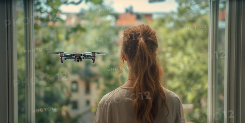 Woman seeing A UAV unmanned aircraft drone flying just outside the window of her house, AI generated
