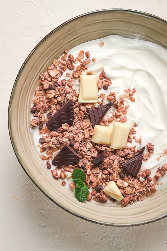 Yogurt with chocolate muesli, breakfast, close-up, fork on top, no people