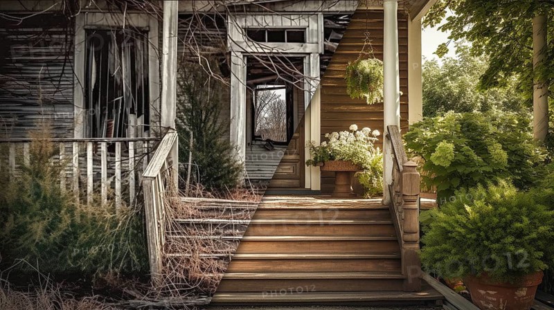 Large house deck and entry before and after cleanup and construction, generative AI, AI generated