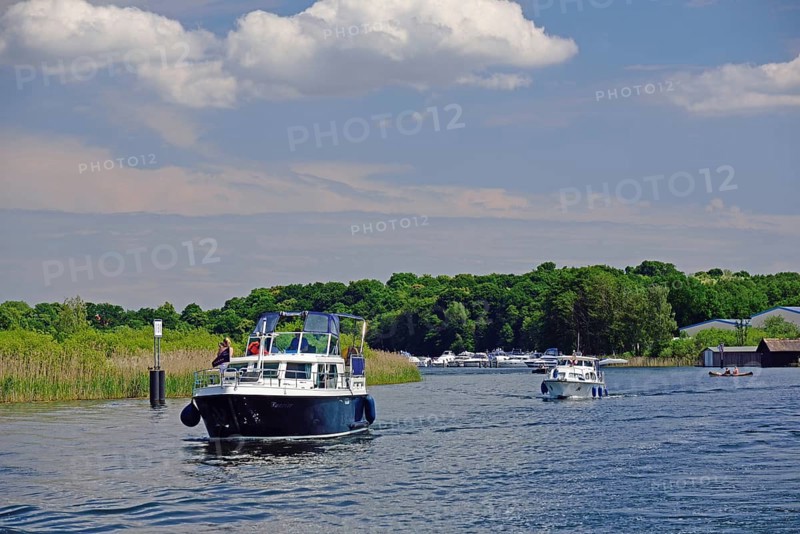 Europe, Germany, Mecklenburg-Western Pomerania, motor yacht on the Elde-Müritz waterway, Malchow, Mecklenburg-Western Pomerania, Germany, Europe